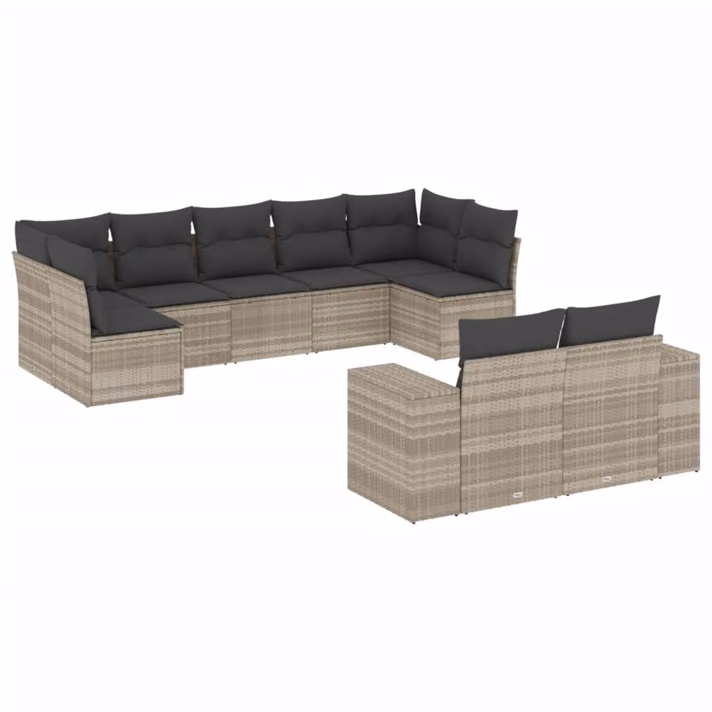 Set Divano da Giardino 9pz con Cuscini Grigio Chiaro Polyrattan