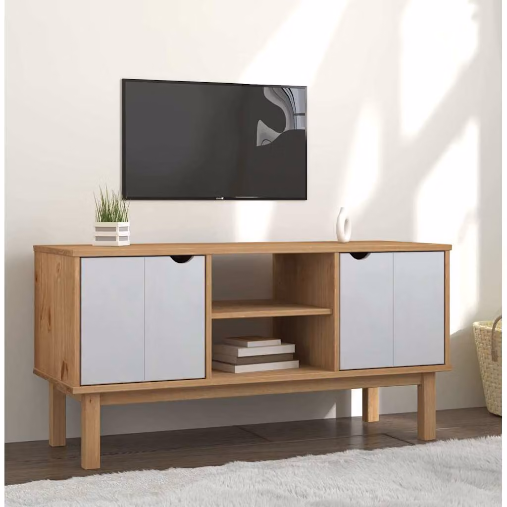 Mobile TV OTTA vidaXL in legno di pino, stile scandinavo, marrone e bianco, L: 113,5 cm, P: 43 cm, H: 57 cm