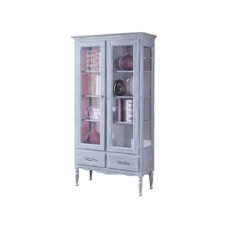 Vetrina Mobili 2G in legno con ante in vetro e 2 cassetti stile shabby chic azzurro L: 102 cm, P: 42 cm, H: 191 cm