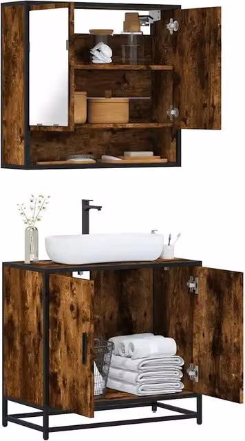 Set Mobili da Bagno 2 Pezzi vidaXL in Legno e MDF Marrone Stile Industrial con Mobile Lavabo e Armadietto Specchio