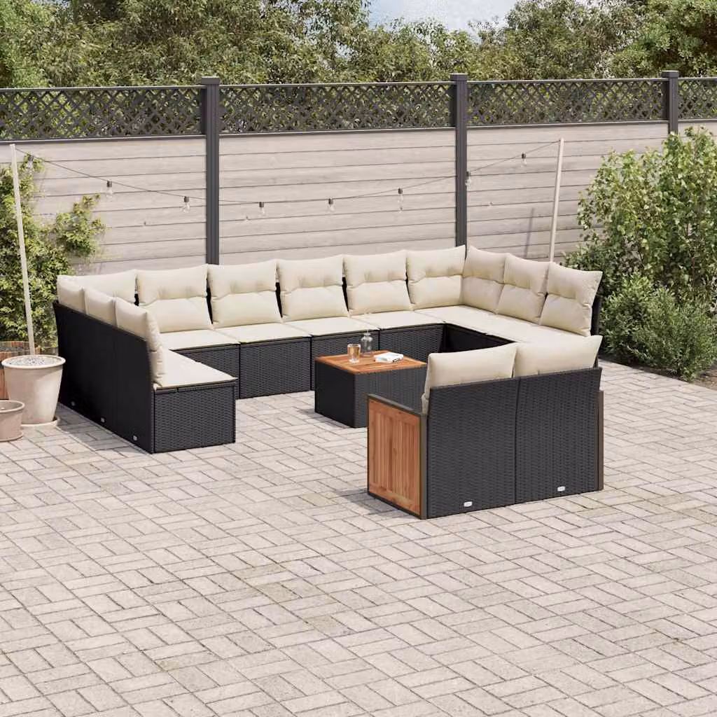 vidaXL Set Divani da Giardino 13pz in Polyrattan Nero con Cuscini e Tavolino da Esterno – 1