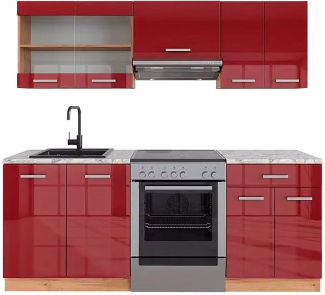 Cucina componibile moderna Vicco R-Line Rosso lucido e Rovere dorato L: 200 cm – 1