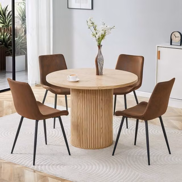 Set tavolo e 4 sedie da pranzo rotondo MIVRAY moderno in legno naturale e metallo nero con piano in MDF marrone