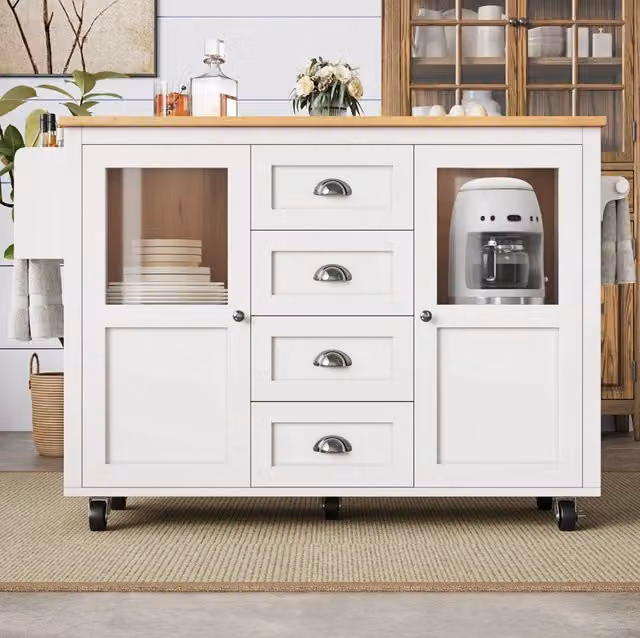Isola da cucina ULEVR 137,9x73x92,5 cm con piano pieghevole, 4 cassetti e ruote girevoli, bianca