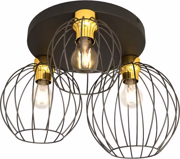 Lampada da soffitto in stile industriale con 3 paralumi in filo metallico, nero e oro, rotonda, NEST 3xE27 15W Emibig