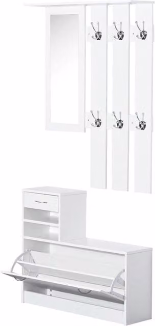 Set Mobili Ingresso Moderno Design In con Scarpiera, Specchio e Appendiabiti con 6 Ganci, 2 Ripiani Regolabili e Cassetti in Legno Bianco, L 90 cm x P 24 cm x H 166 cm