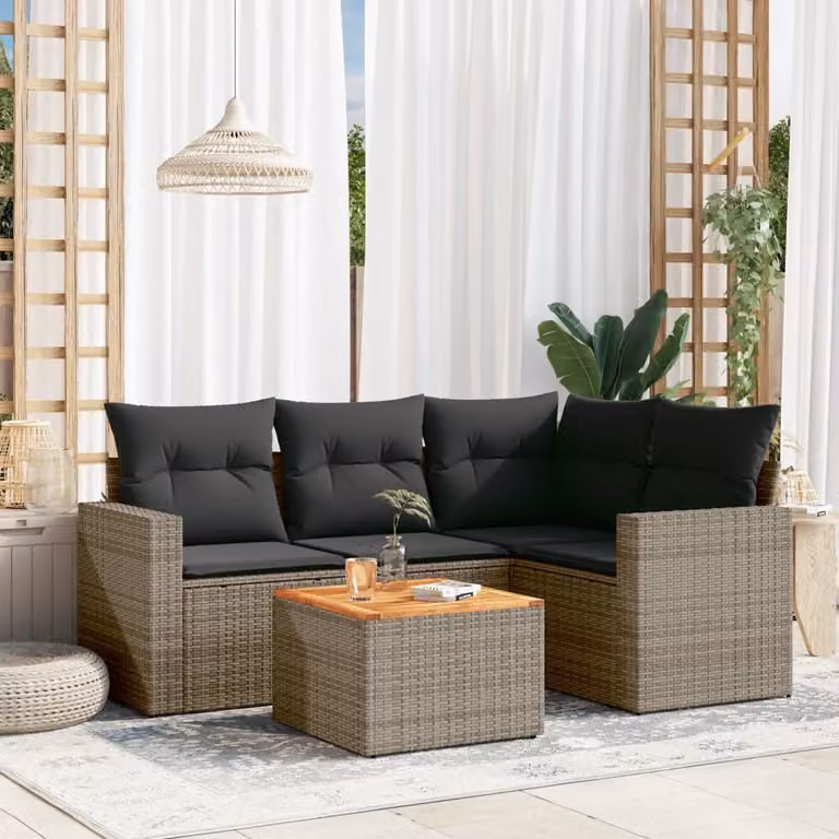 vidaXL Set Divano da Giardino a L 5 pz in Polyrattan Grigio con Cuscini e Tavolino