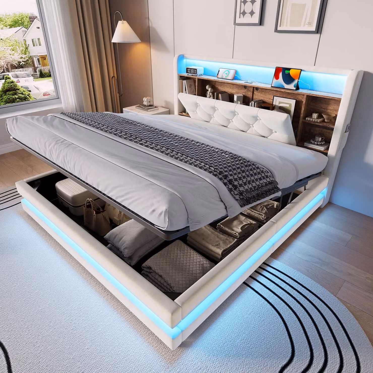 Letto imbottito okwish 140x200 con materasso e testiera multifunzionale, letto per ragazzi con USB e Type-C, LED, letto multifunzione color beige