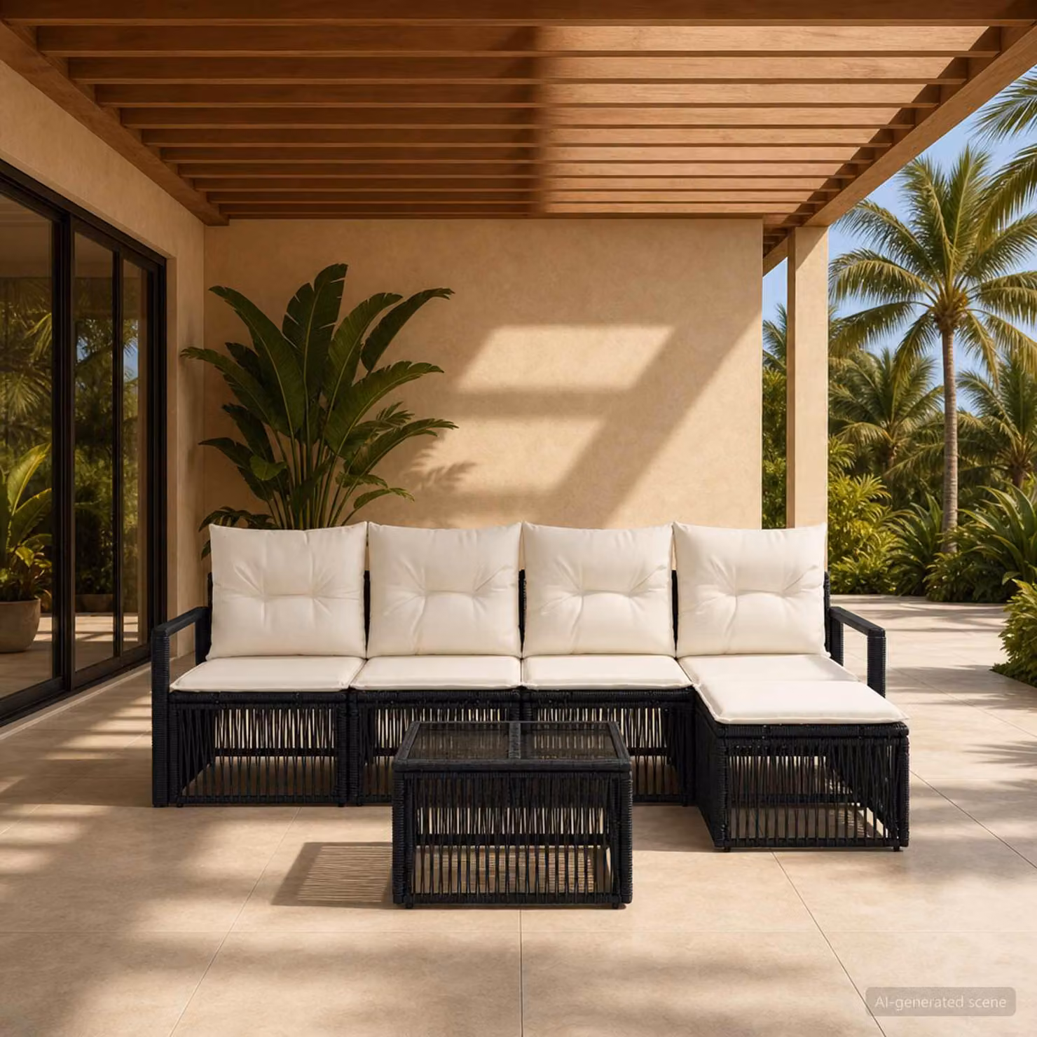 Set Divano da Giardino vidaXL 6 Pezzi Moderno a Forma di L Nero con Poltrona, Tavolino e Pouf in Polyrattan e Acciaio Verniciato a Polvere