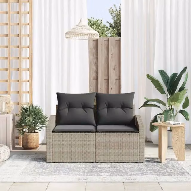 Divano da giardino moderno vidaXL in polyrattan con cuscini grigio e nero L: 123 cm, P: 62 cm, H: 69 cm