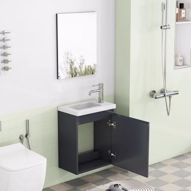 Mobile bagno sospeso grigio lucido con lavabo in ceramica e specchio