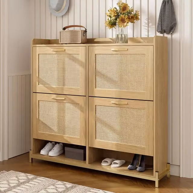Scarpiera Minimal con 4 Ante in Rattan e Legno, Colore Marrone e Beige, L: 108.5 cm, H: 100 cm, P: 24 cm