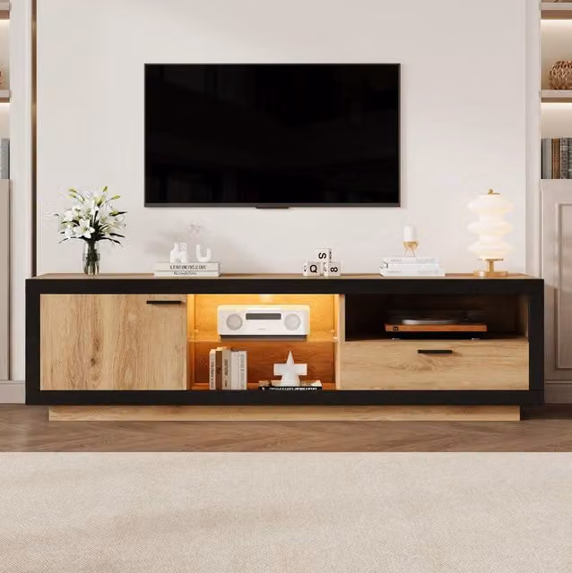 Mobile TV 160 cm nero e rovere con LED, vano portaoggetti, 2 colli