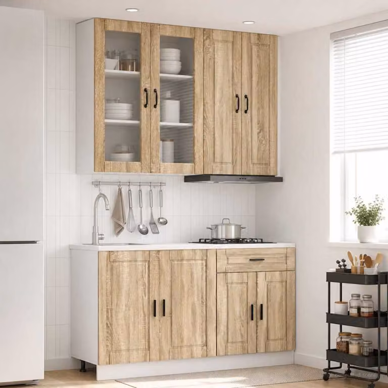 Set di mobili da cucina moderna vidaXL PORTO composto da 4 pezzi in legno ingegnerizzato e MDF, colore marrone, con ante in vetro e ripiani interni, L/P/H: 100 x 46 x 80 cm