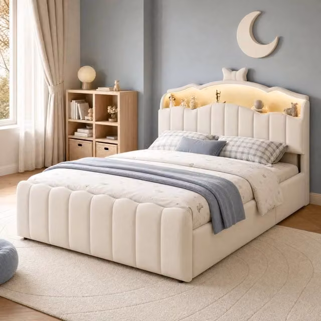 Letto contenitore per bambini 140 × 200 cm con LED regolabile, USB e Type-C, senza materasso, velluto beige