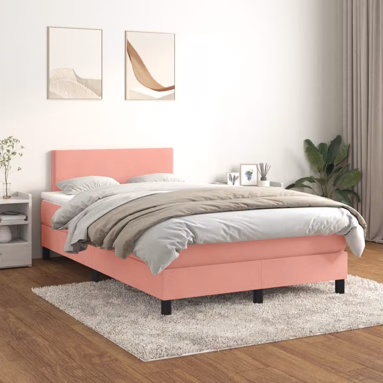 vidaXL Letto con Giroletto a Molle e Materasso Ibrido in Velluto Rosa e Bianco, L/P: 120 x 200 cm