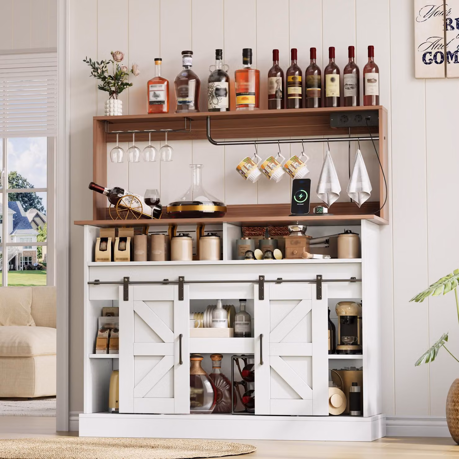 Tavolino da caffè da 120 cm, con portabicchieri, prese di corrente (2 prese AC + 2 USB), mobile contenitore con spazio di stoccaggio, ante scorrevoli, stile rustico.