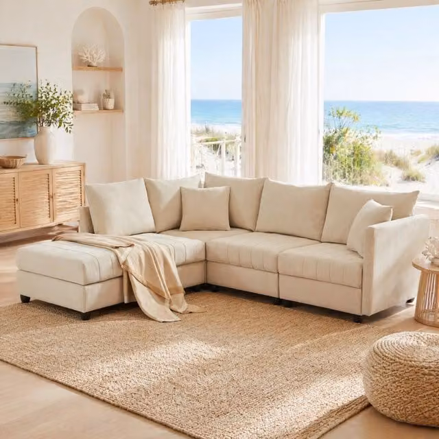 Divano modulare 5 posti 220x194 cm trasformabile a L o U con pouf beige HOMVRA