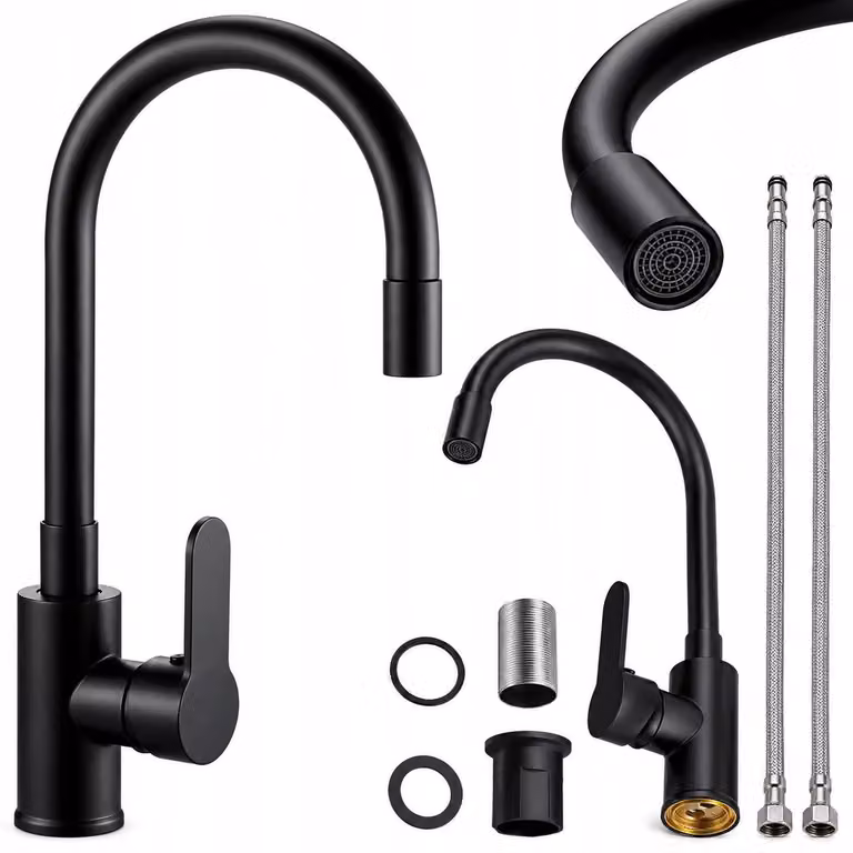 Miscelatore per cucina monocomando - Bocchetta girevole a 360° - Tubo flessibile estraibile per il soffione - Montaggio su piano di lavoro - Colore: nero
