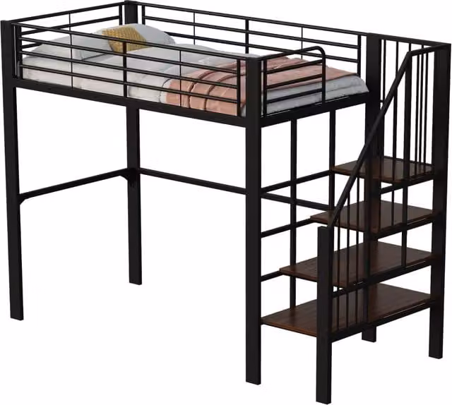 Letto a soppalco 90x200 cm con scala e spazio sottostante; metallo e legno; nero