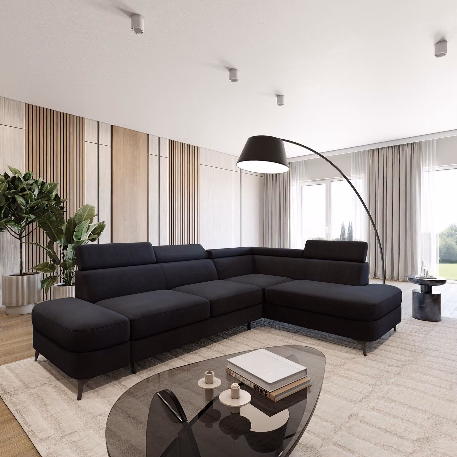 Divano ad angolo Masseno AVISE MV R-S con funzione letto a L, divano con contenitore, divano da salotto, divano, divano letto, set divani - Nero, MATT VELVET 99