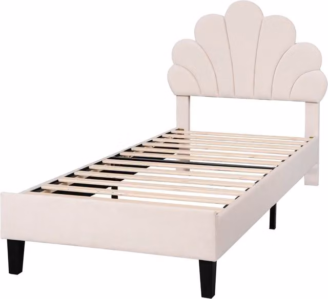Letto Singolo Chicfurn con Testiera a Fiore in Velluto Beige L/P/H: 90 x 200 x 110,5 cm