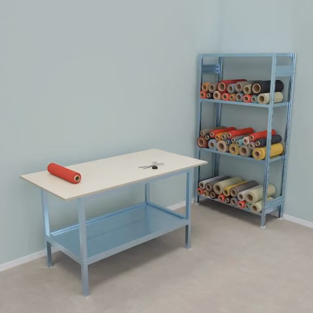 Banco da lavoro Castellani Shop con struttura in acciaio zincato e piano in legno grigio L/P/H: 160 x 80 x 93 cm