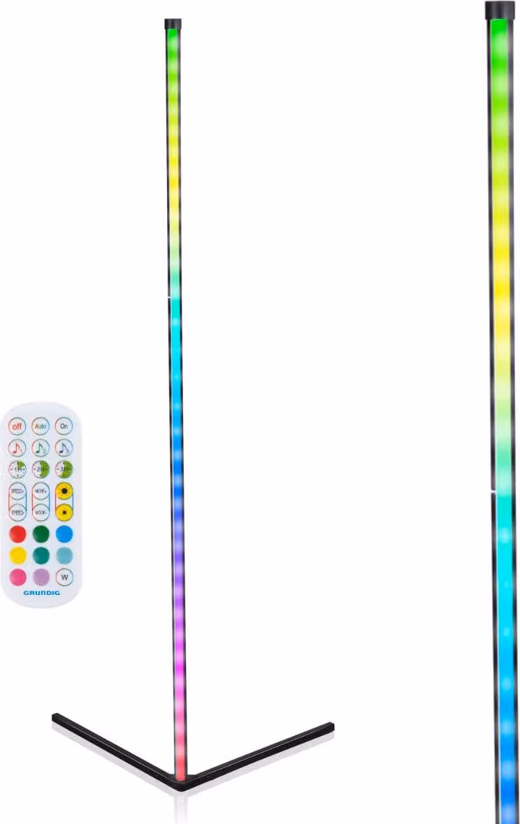 Lampada da terra Grundig RGB LED per soggiorno con modalità musica, dimmer e timer – Lampada da terra a LED per illuminazione indiretta in soggiorno – Lampada angolare con telecomando – 140 cm