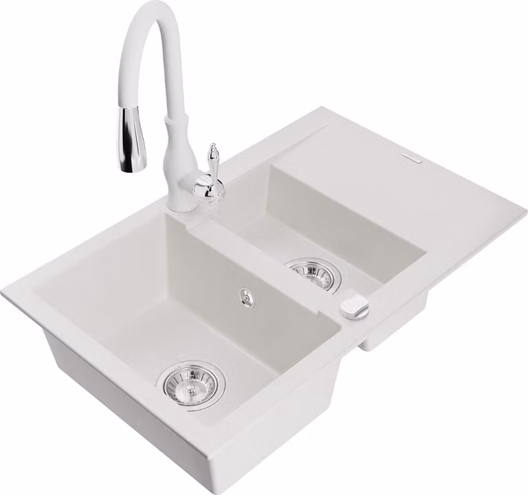 Mexen Gaspar lavello in granito 1,5 camere con scolapiatti e rubinetto da cucina Savita, bianco - 6507-20-672601-20