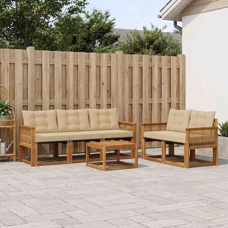Set di divani da esterno vidaXL in legno di acacia con tavolino e cuscini, colore beige e marrone