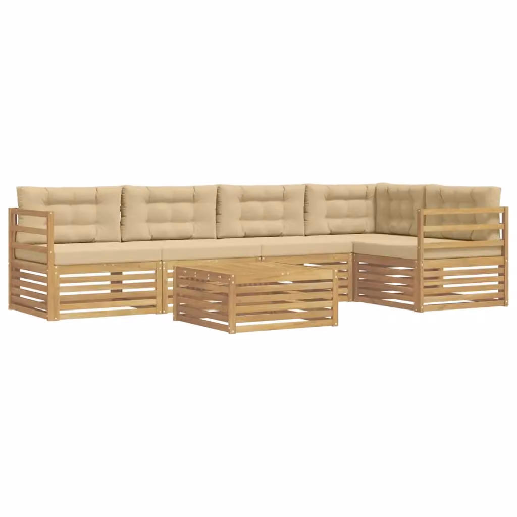 Set di divani da esterno a L con tavolino vidaXL in legno di acacia, colore bianco e beige, composto da 6 pezzi con cuscini inclusi – 2