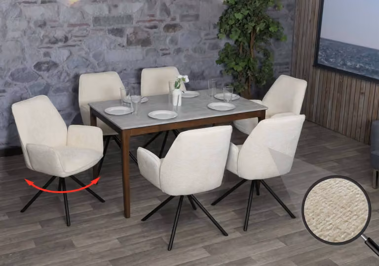 Set di 6 sedie da pranzo modello HWC-G67, sedia per cucina con braccioli, girevole, con sistema di ritorno automatico, in tessuto chenille ®, colore crema