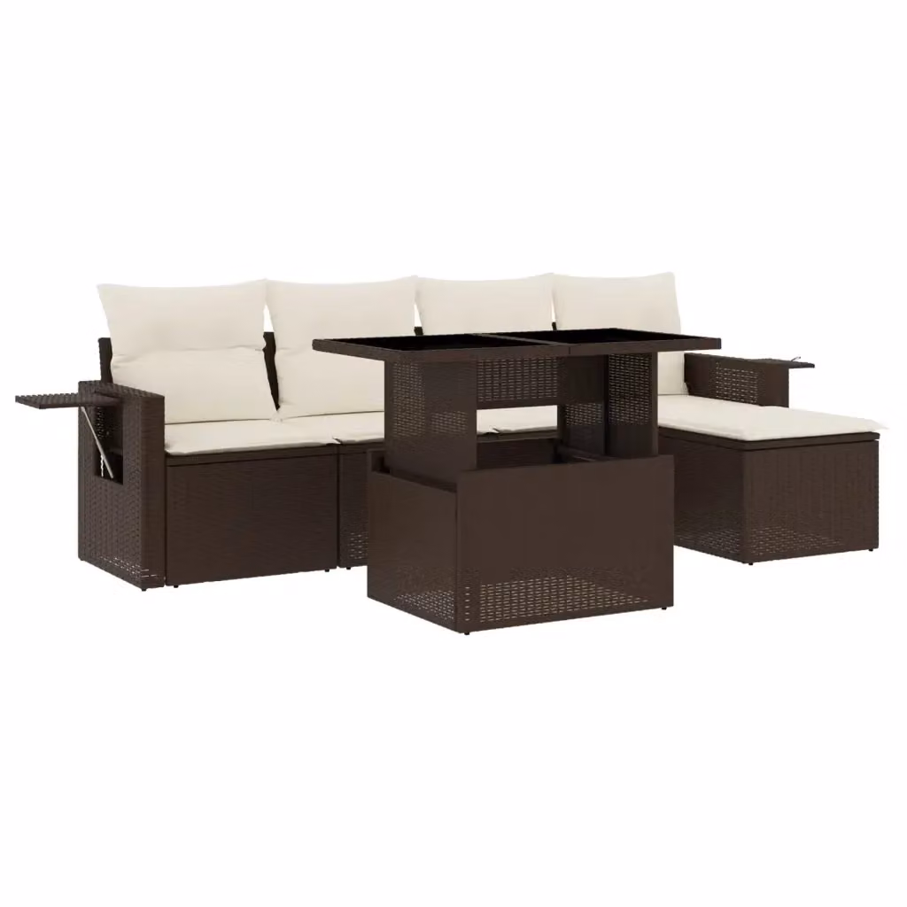 vidaXL Set Divano da Giardino 6 pz in Polyrattan Marrone con Cuscini e Tavolino con Piano in Vetro – 2