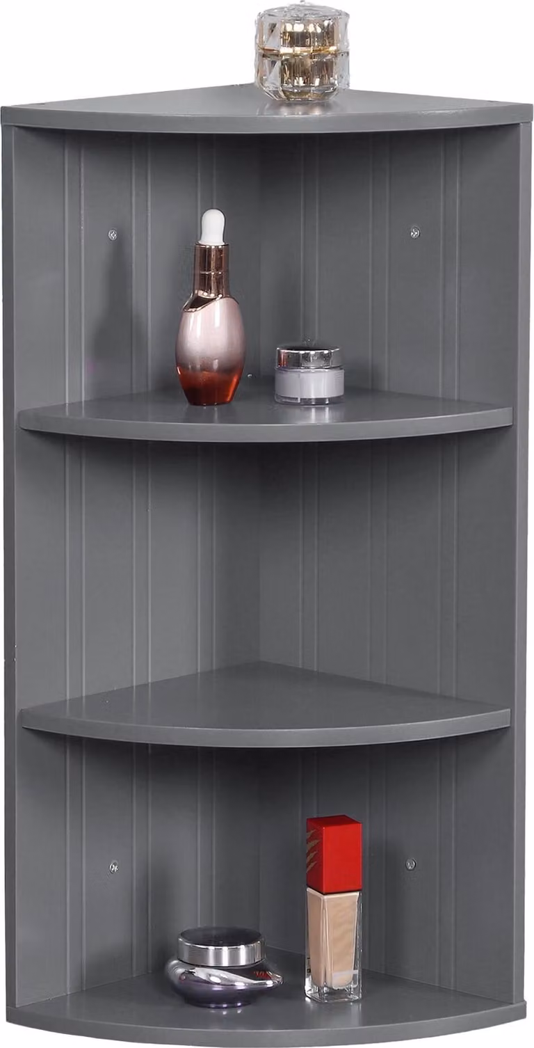 Scaffale angolare Relaxdays, 3 ripiani, scaffale da bagno, da appendere o da appoggiare, salvaspazio, L x P x A: 62x35x25 cm, scaffale da cucina, MDF, grigio