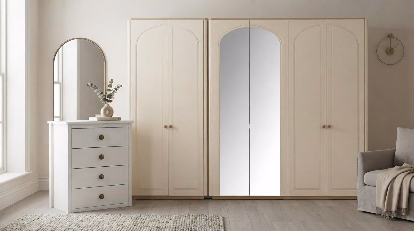 Armadio, cassettiera, set beige, design moderno, lussuoso, con specchio