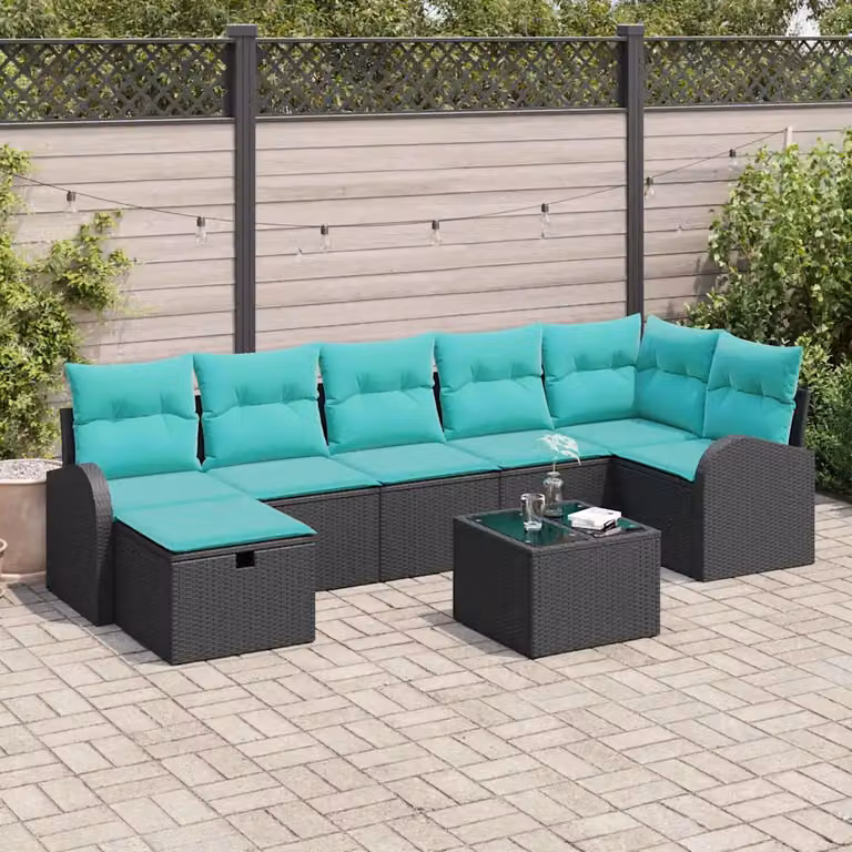 Set Divano da Giardino a L vidaXL 8 pz con Cuscini e Tavolino, Nero e Turchese