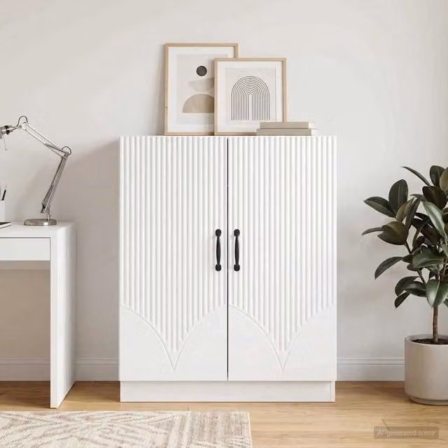 Credenza moderna vidaXL in bianco lucido con finitura in MDF e metallo L: 66 cm, P: 34,5 cm, H: 87 cm
