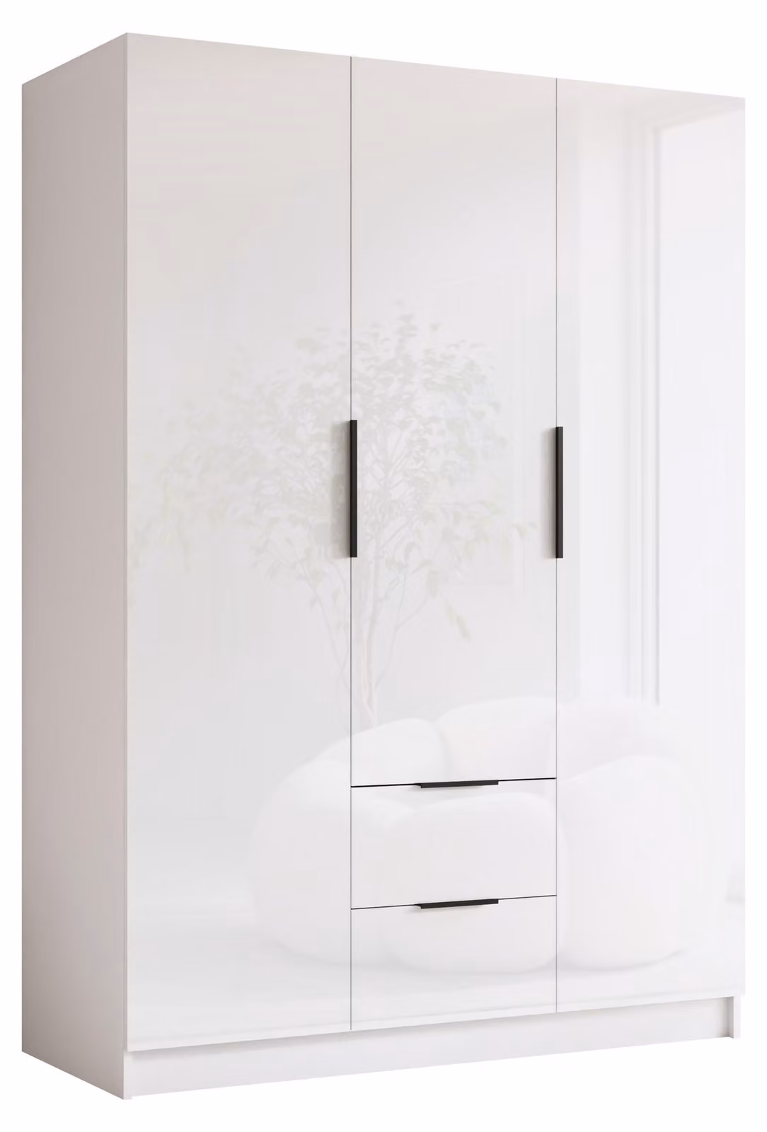MIRJAN24 Armadio Calwi I 150, camera da letto, armadio a ante battenti, con asta appendiabiti, moderno, guardaroba, maniglie in metallo (colore: bianco / bianco lucido + nero)