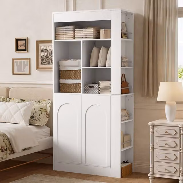 Armadio multiuso WISHDOR moderno in legno bianco con doppie ante e ripiani aperti, L/P/H: 85 x 35 x 180 cm