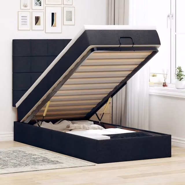 Letto con contenitore a sollevamento vidaXL in tessuto nero e bianco con materasso, L: 80 cm, P: 200 cm, H: 140 cm