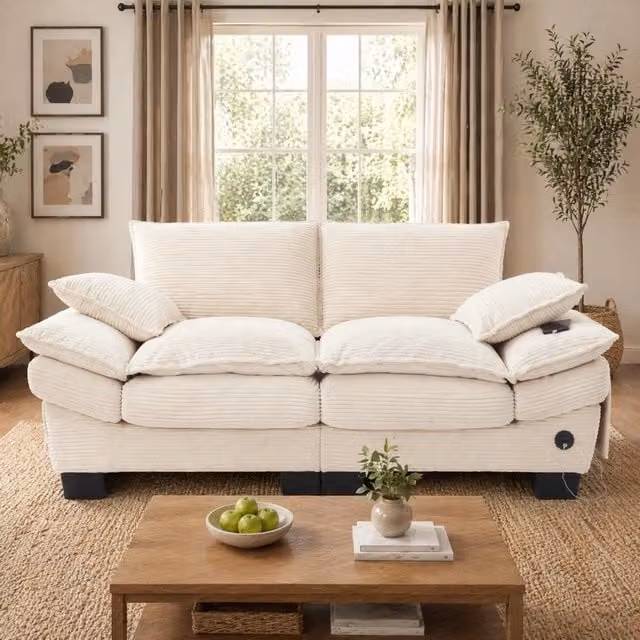 Divano a 2 posti REDOM in velluto a coste beige con ricarica USB-C, L: 190 cm, P: 73 cm, H: 84 cm
