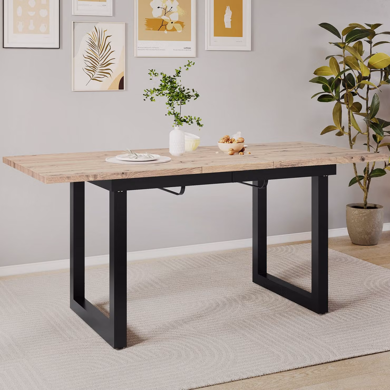 MODFU Tavolo da pranzo allungabile e ribaltabile, tavolo da caffè e da salotto rettangolare, stile industriale, effetto rovere + nero
