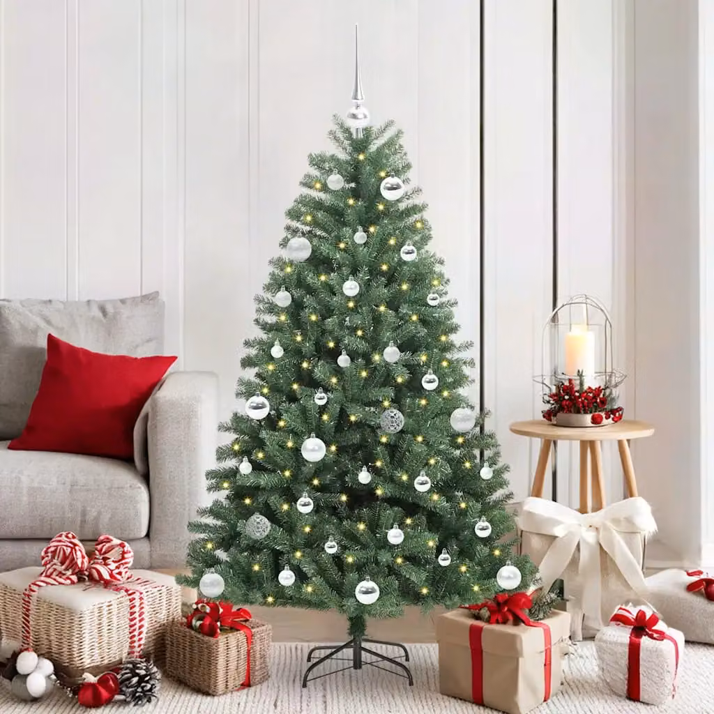 Albero di Natale artificiale moderno vidaXL verde con luci LED bianco caldo e rami pieghevoli in PVC e metallo, Altezza: 150 cm