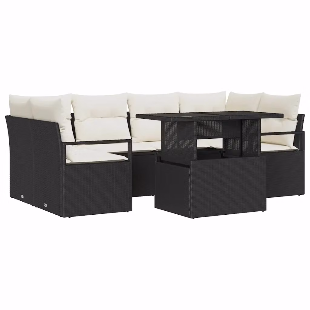 Set Divano da Giardino vidaXL a 7 posti con Archiviazione, Colore Nero e Cuscini Beige, Design Moderno a U con Struttura in Metallo e Polyrattan – 2