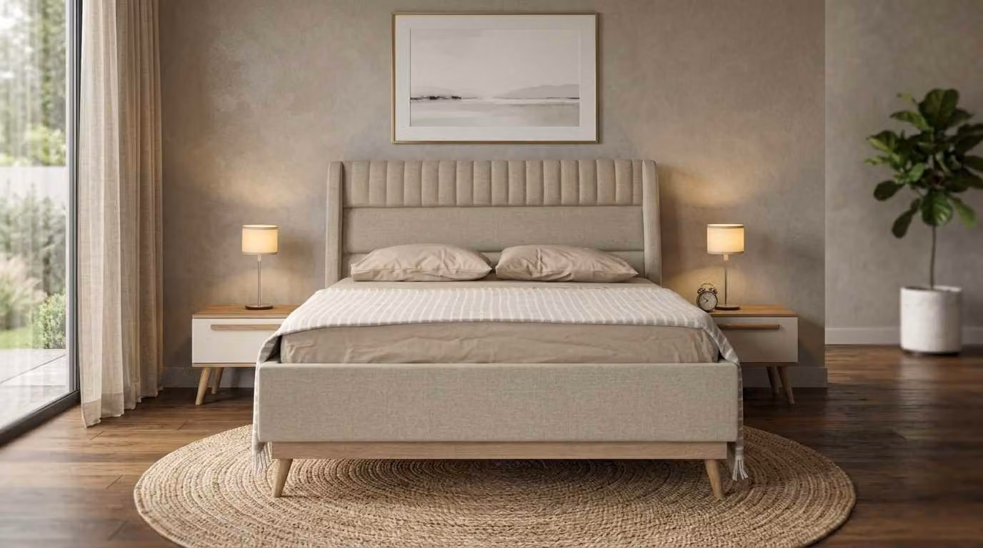 Set per camera da letto beige, moderno e comprensivo di letto e comodini