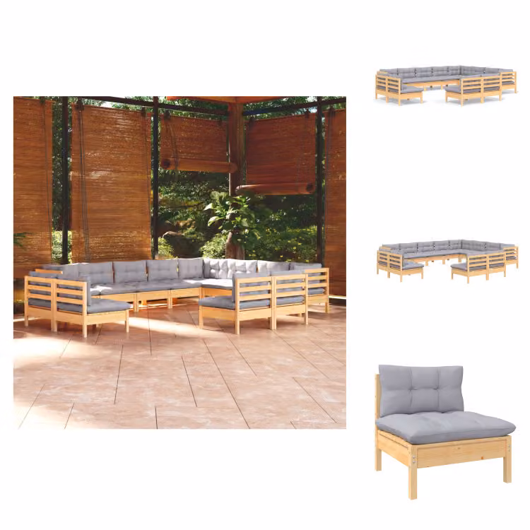 vidaXL Set di 12 pezzi da giardino con cuscini grigi in pino massiccio - Set di mobili da giardino