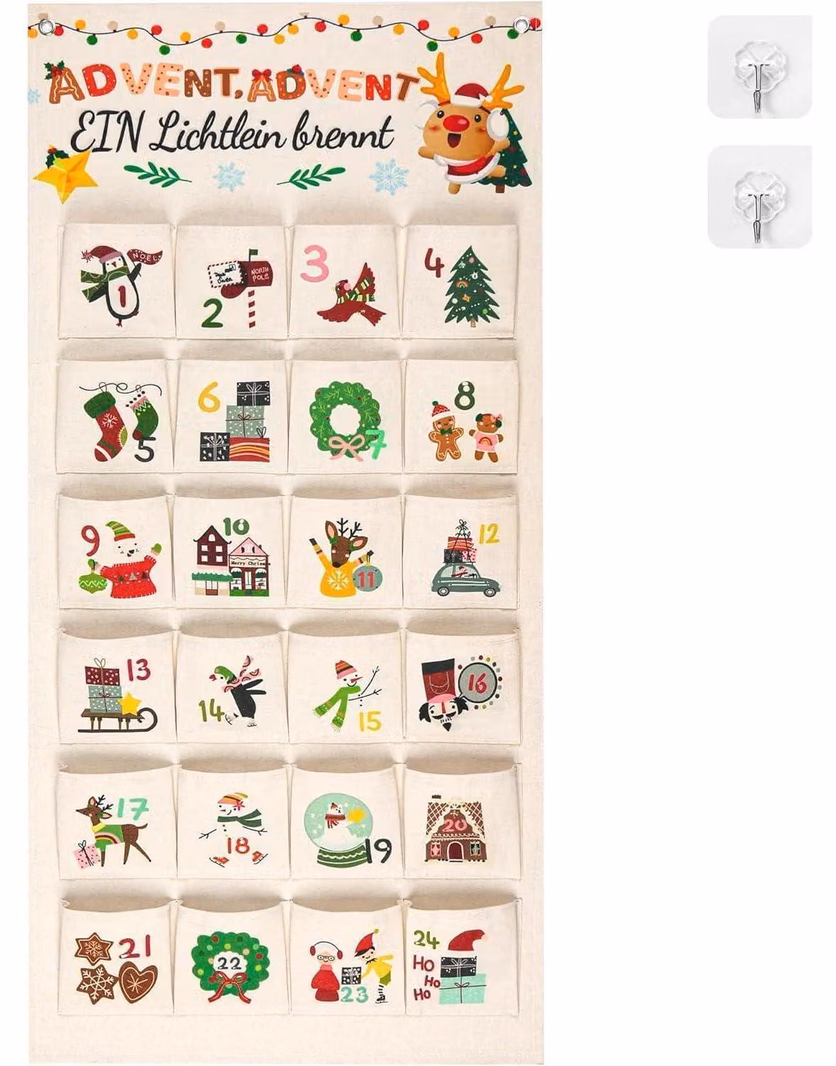 Calendario dell'Avvento con 24 elementi, arazzo, ganci, sacchetti di stoffa, Natale, cartoni animati