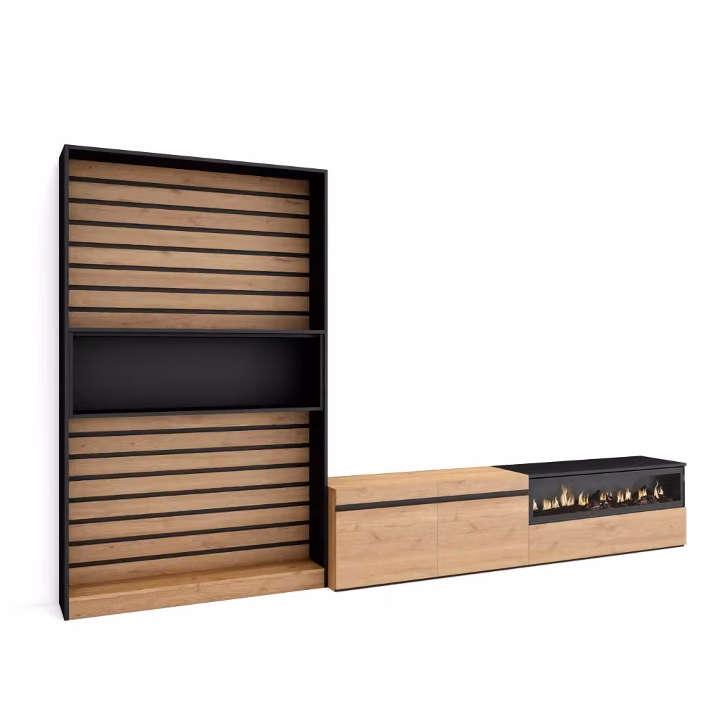 Mobile TV da soggiorno Skraut Home con camino elettrico per TV fino a 80 pollici, colore Rovere e nero, L: 310 cm, P: 35 cm, H: 186 cm – 2