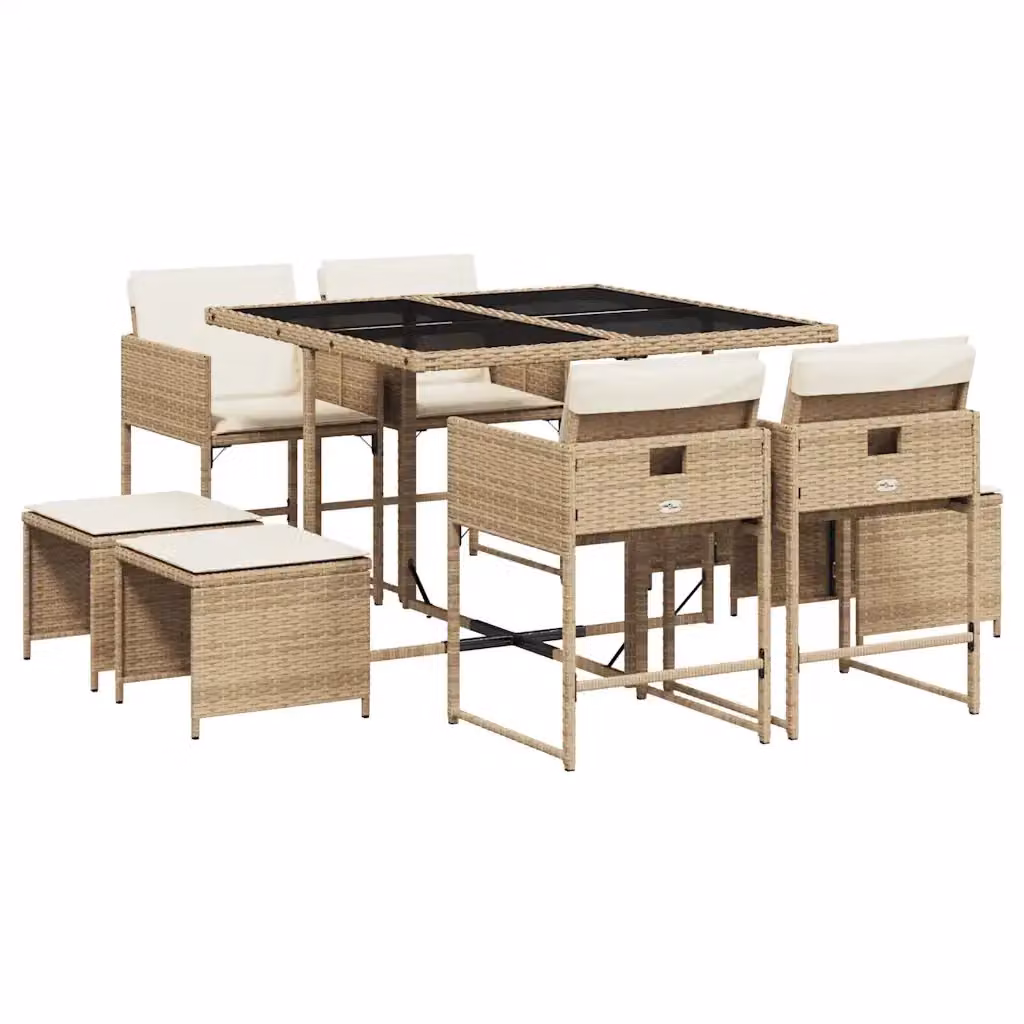 Set da Pranzo da Giardino vidaXL in Polyrattan con Cuscini Beige e Tavolo in Vetro 9 pz – 2