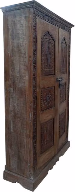 Armadio Wanderlust Deco in legno e metallo marrone con ante a battente, stile etnico e decorazioni geometriche, L: 124 cm, P: 41 cm, H: 212 cm